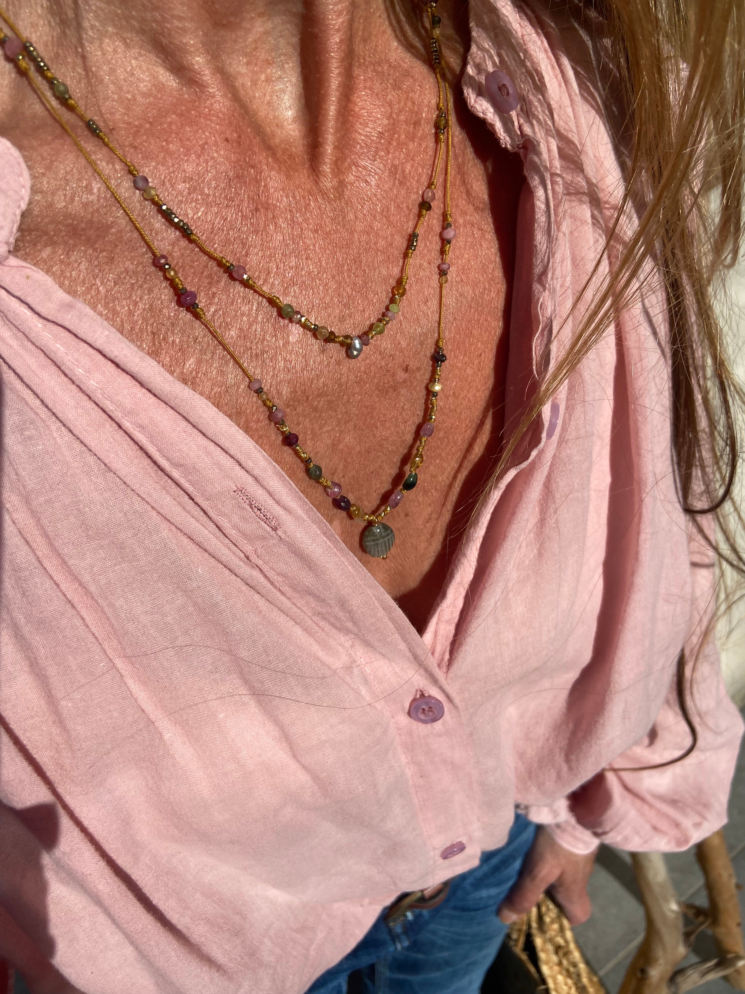 Long necklace Tourmaline Pyrite Scarab Labradorite