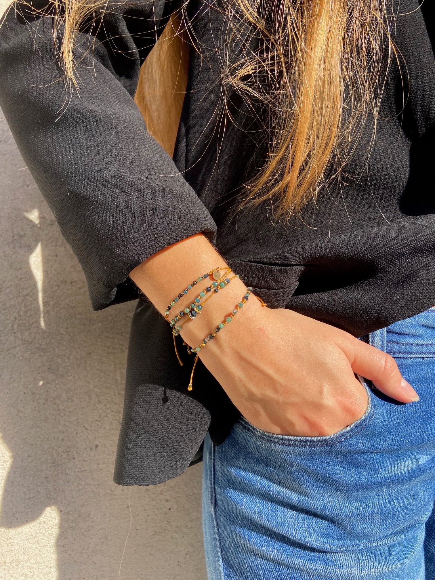 Bracelet Keshi Tourmaline bleue Labradorite Hématite