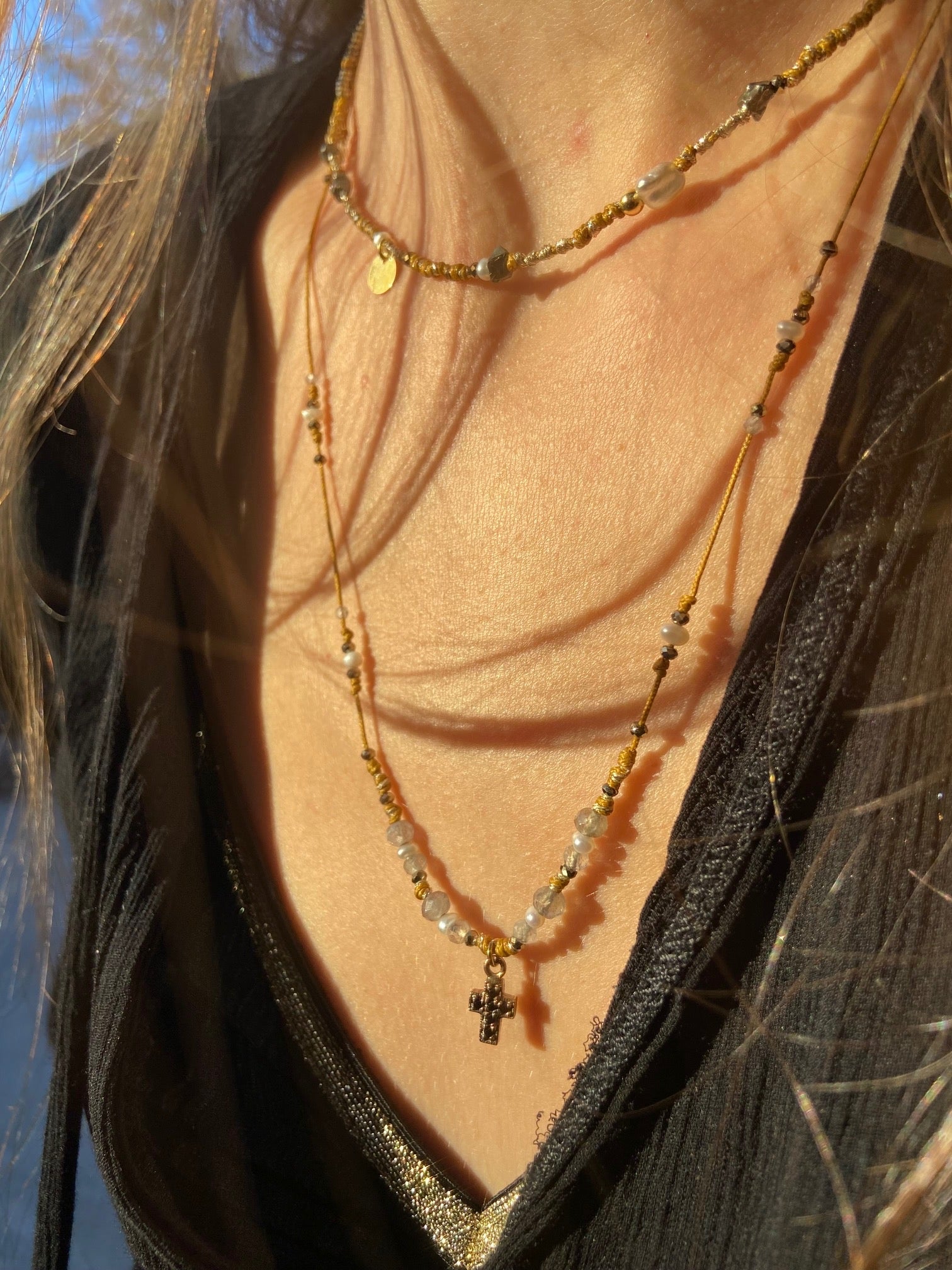 Collier Croix Labradorite Perle Hématite