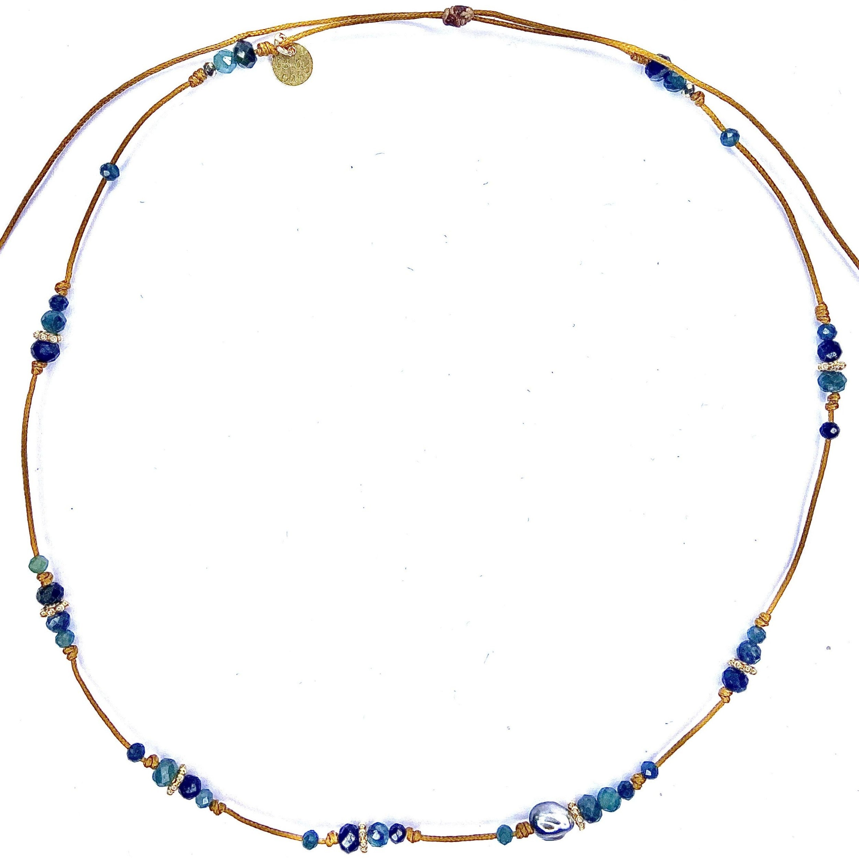 Ras de cou/Collier Keshi Fleur plaquée or Tourmaline bleue