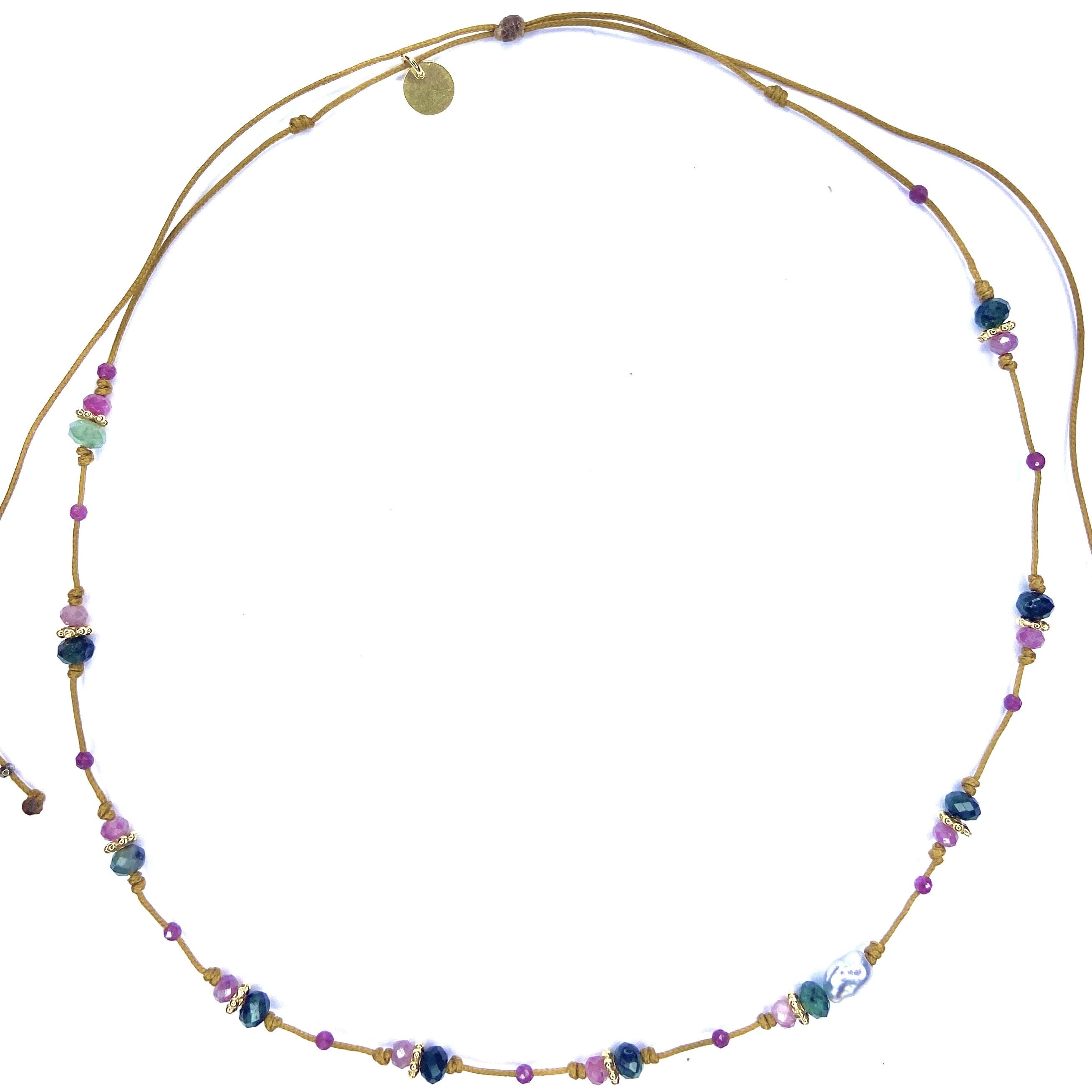 Ras de cou/Collier Keshi Fleur plaquée or Emeraude Rubis