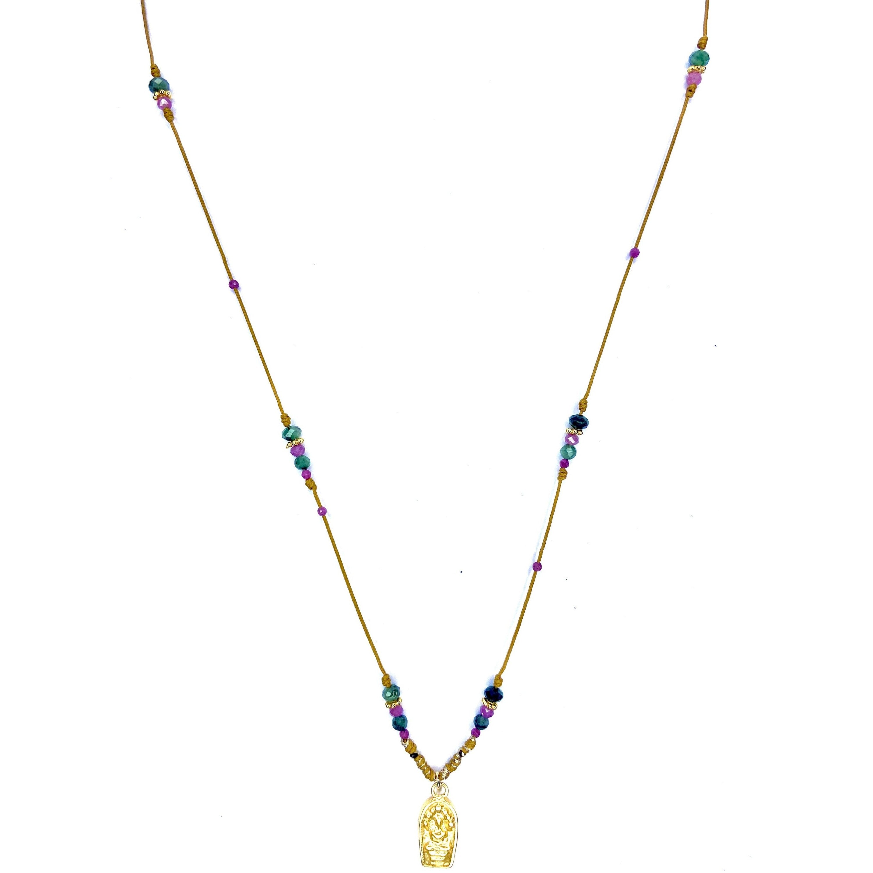 Collier/Sautoir Bouddha Fleur plaquée or Emeraude Rubis