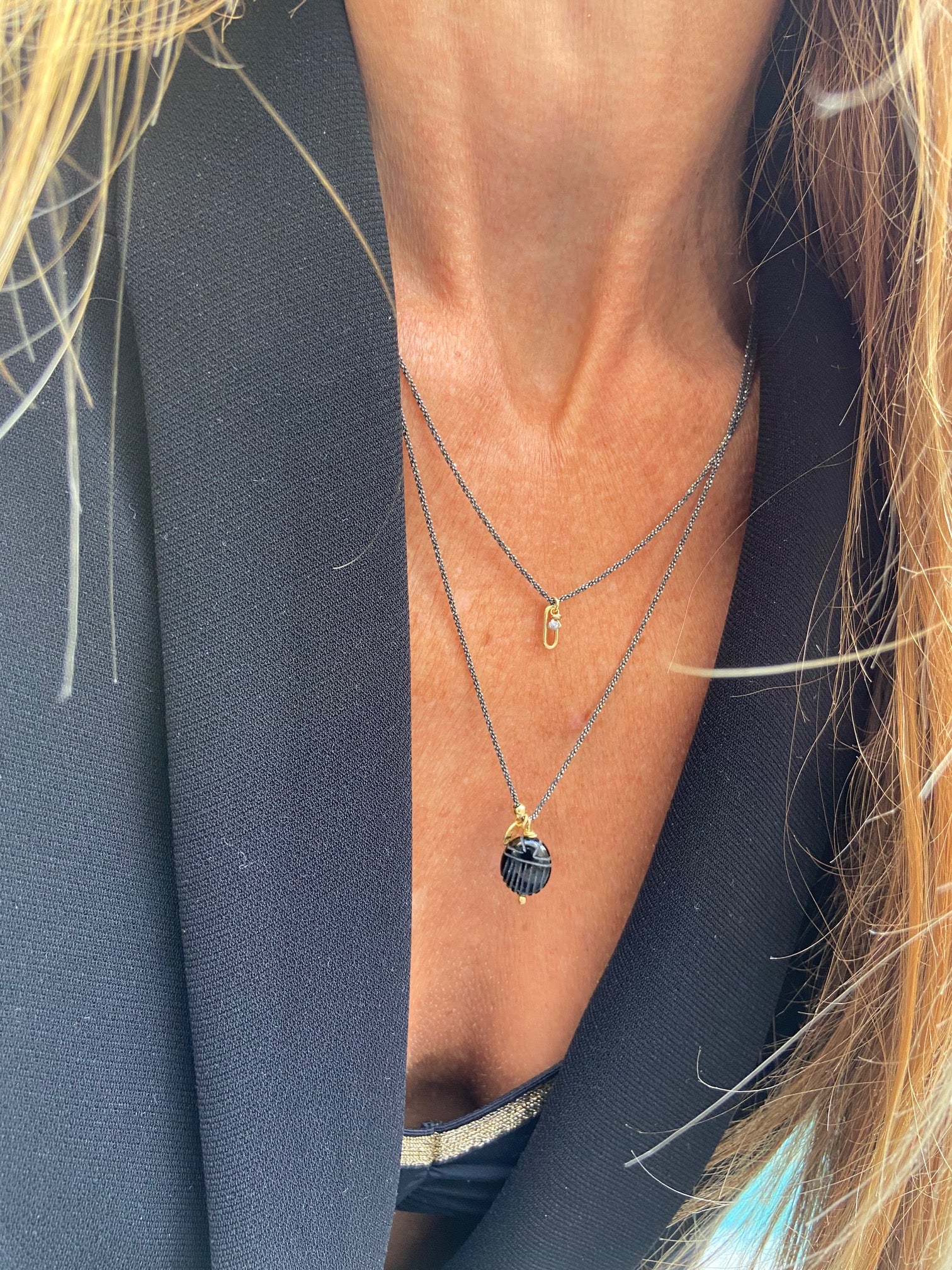 Ras de cou argent noir Diamant Maillon dorure or