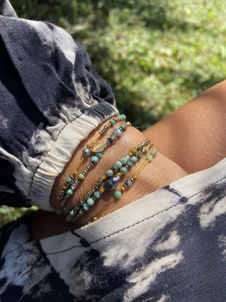 Collier/Bracelet triple tour Turquoise Labradorite Keshi Pyrite Hématite
