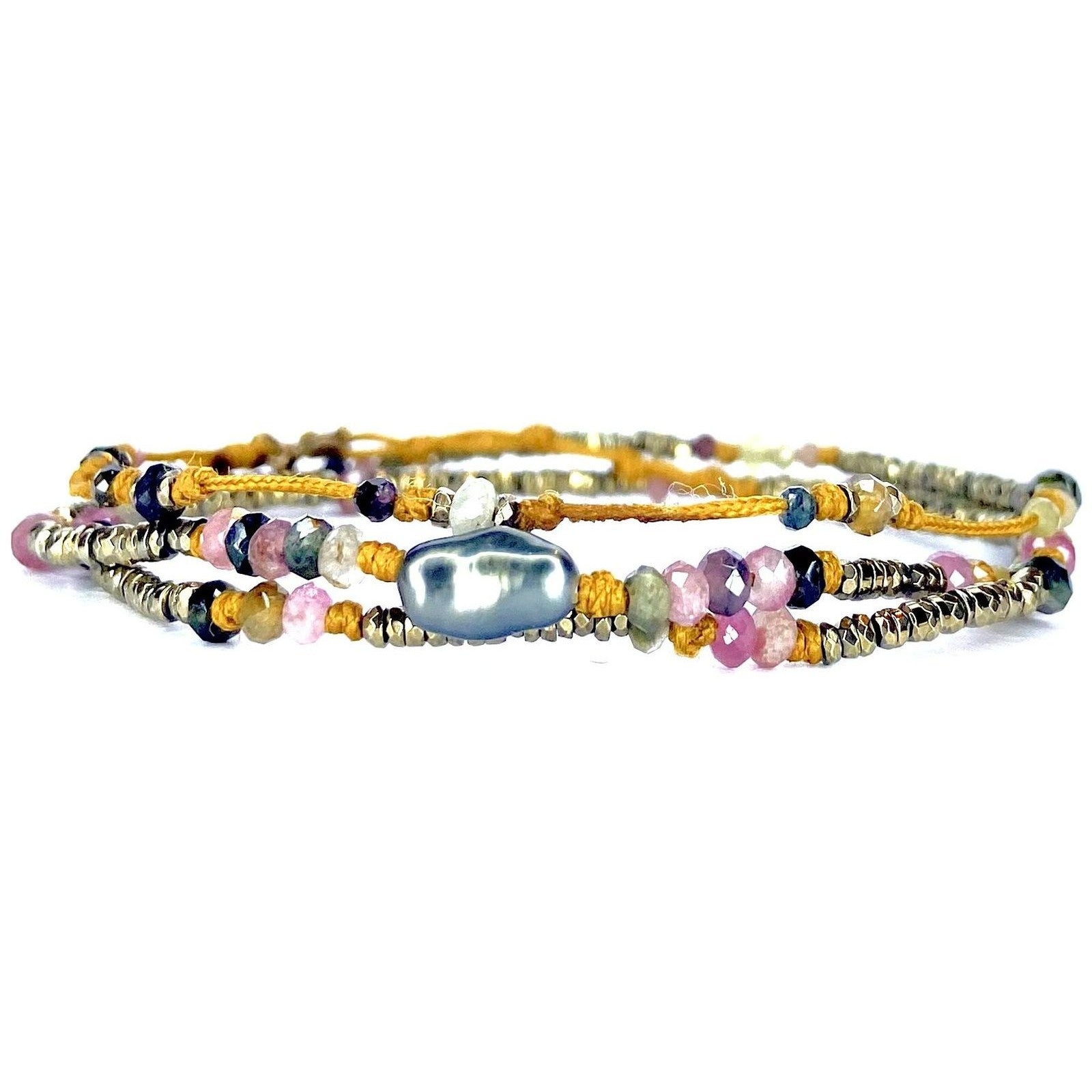 Bracelet triple tour/Collier Tourmaline Keshi Hématite