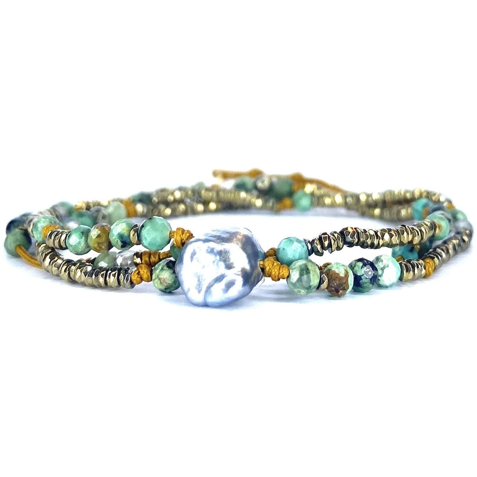 Bracelet triple tour/Collier Turquoise Labradorite Keshi Pyrite Hématite