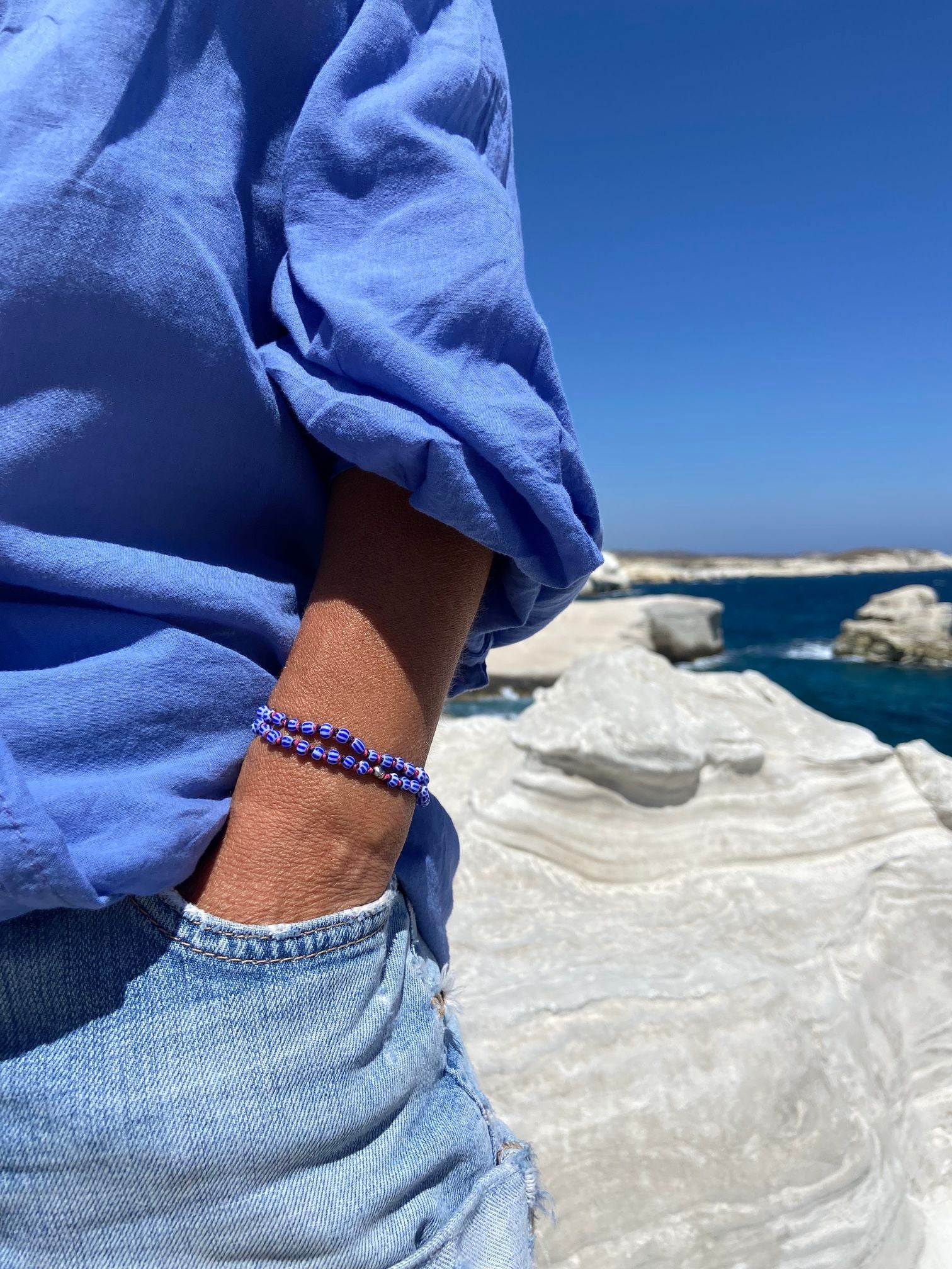 Bracelet double tour Keshi Perle africaine bleue