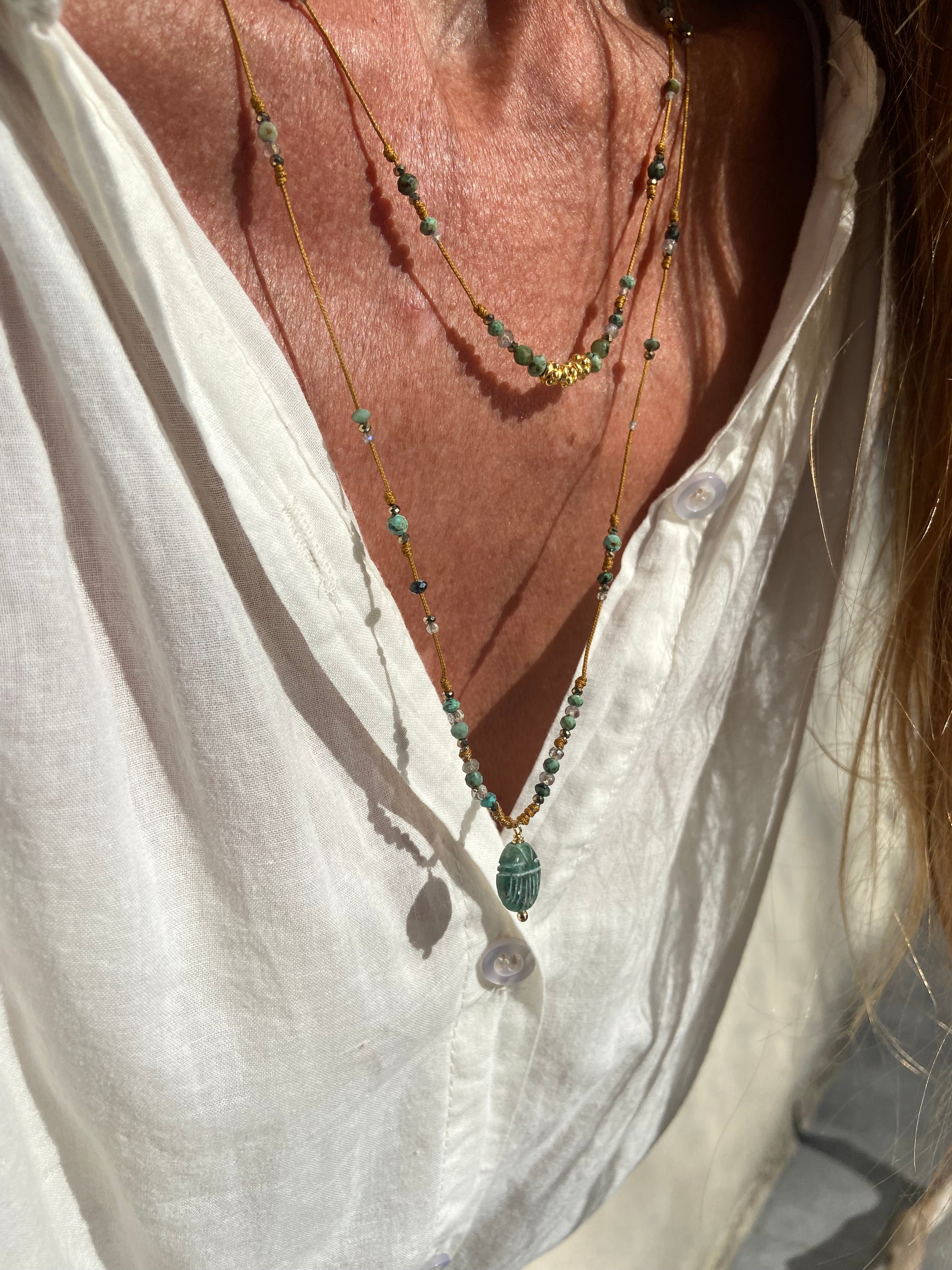 Long Turquoise Emerald Scarab Necklace