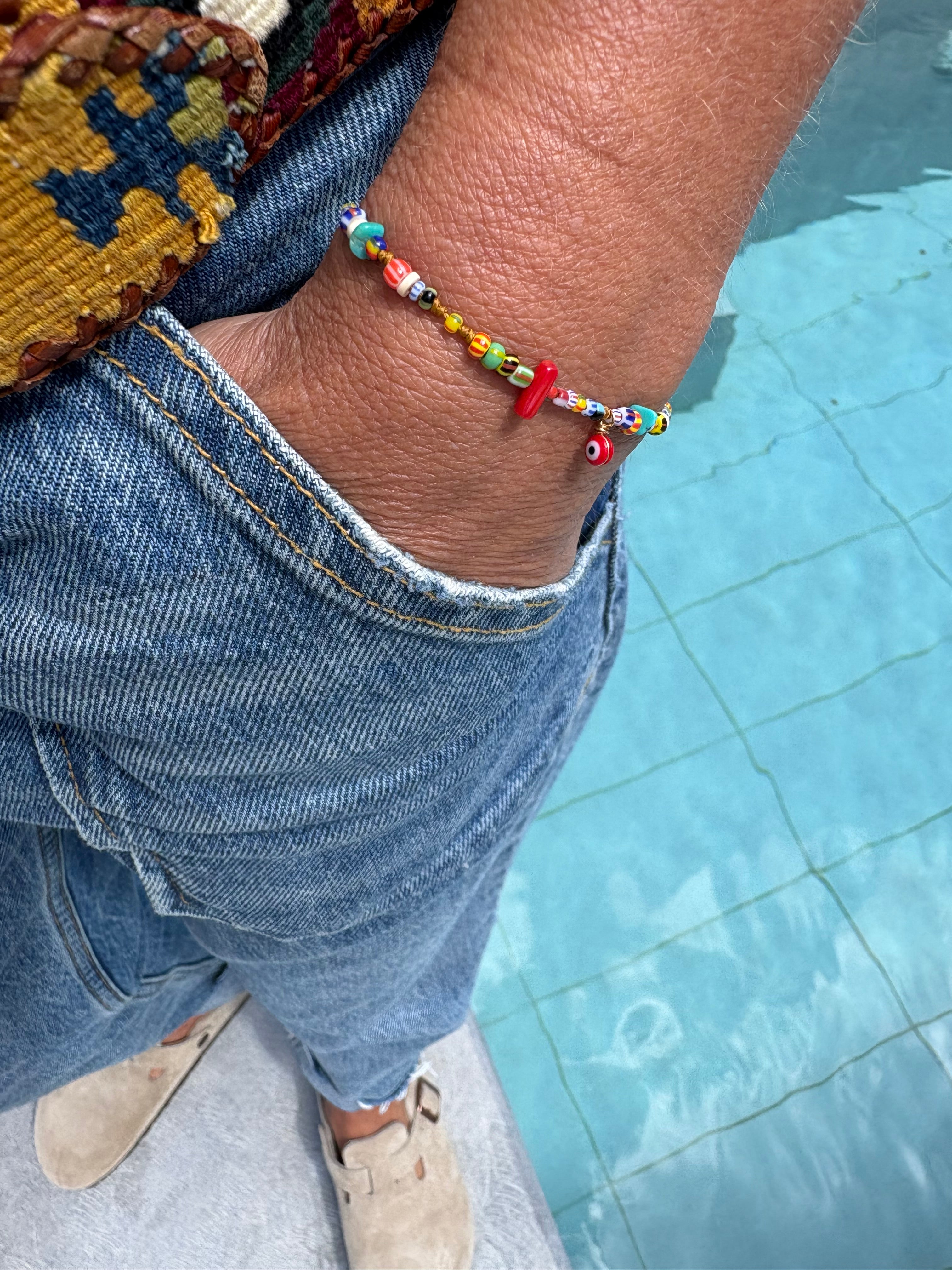 Bracelet Perle africaine Turquoise Corail heishi œil