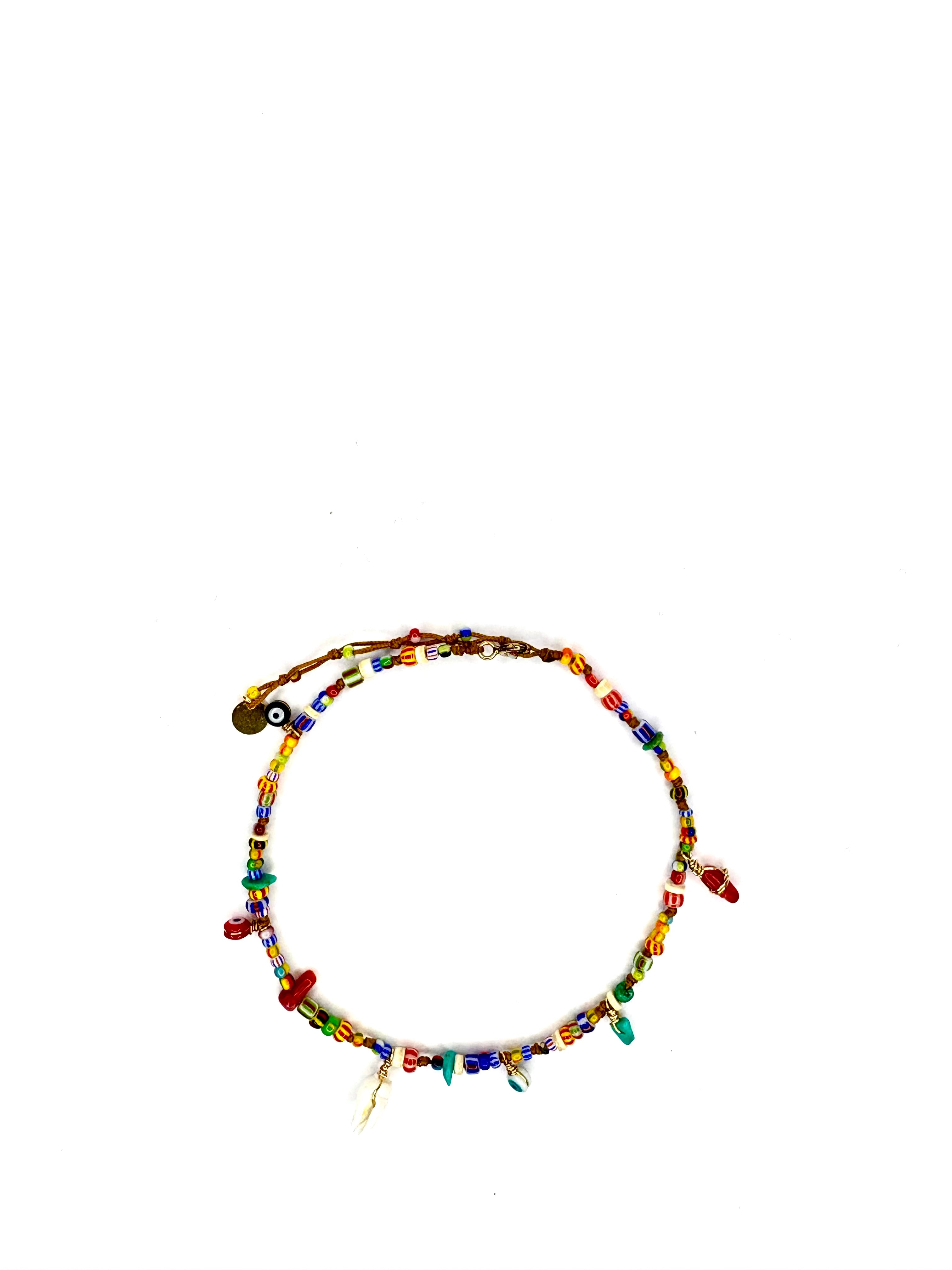 Bracelet de cheville Perle africaine Turquoise Corail Œil Coquillage