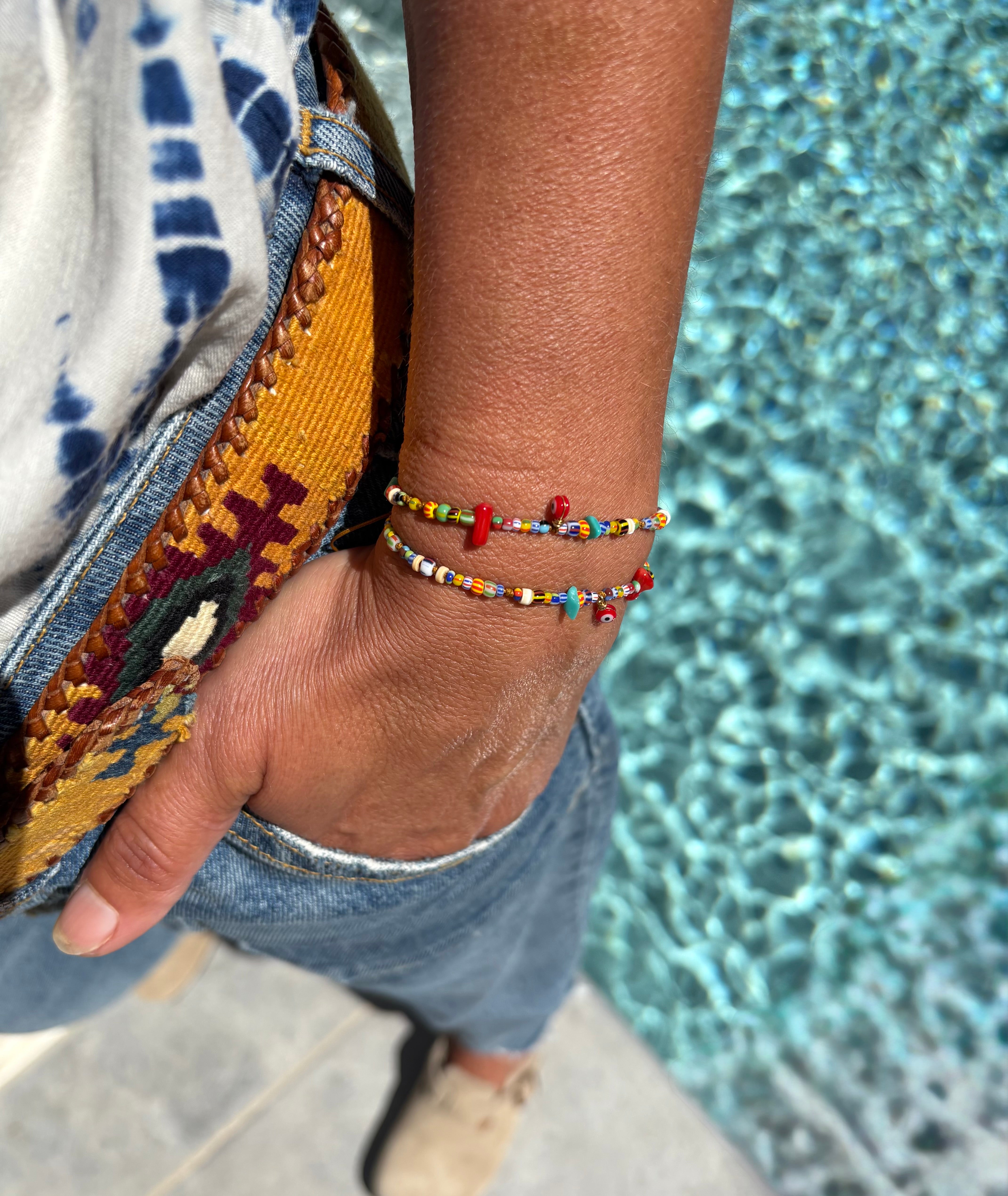 Bracelet Perle africaine Turquoise Corail heishi œil