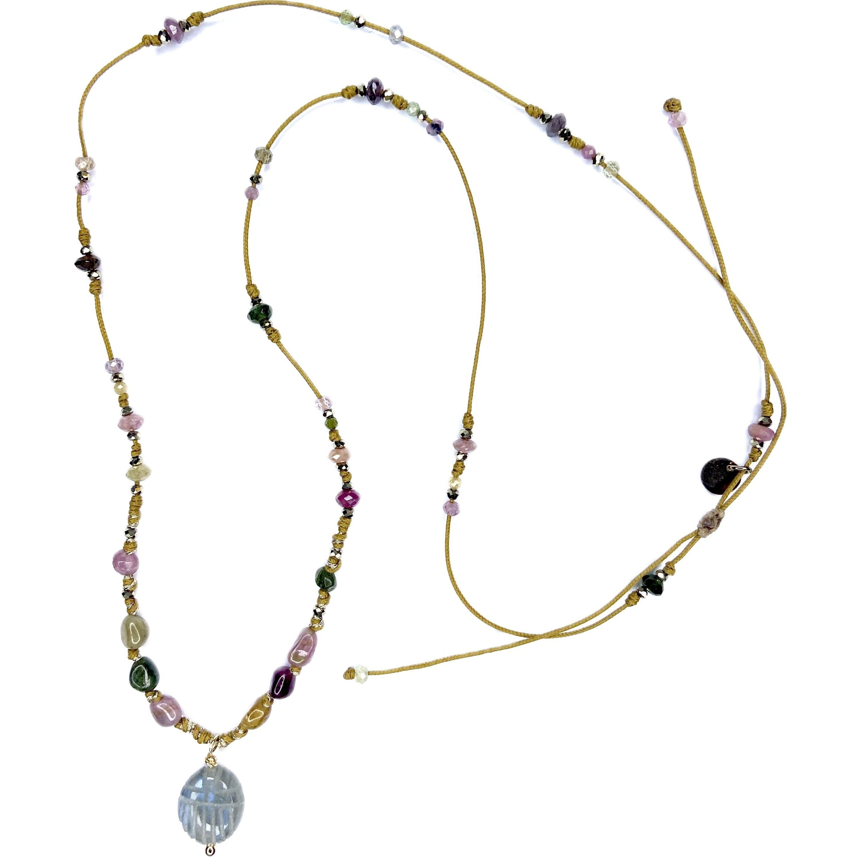 Collier long Tourmaline Pyrite Scarabée labradorite