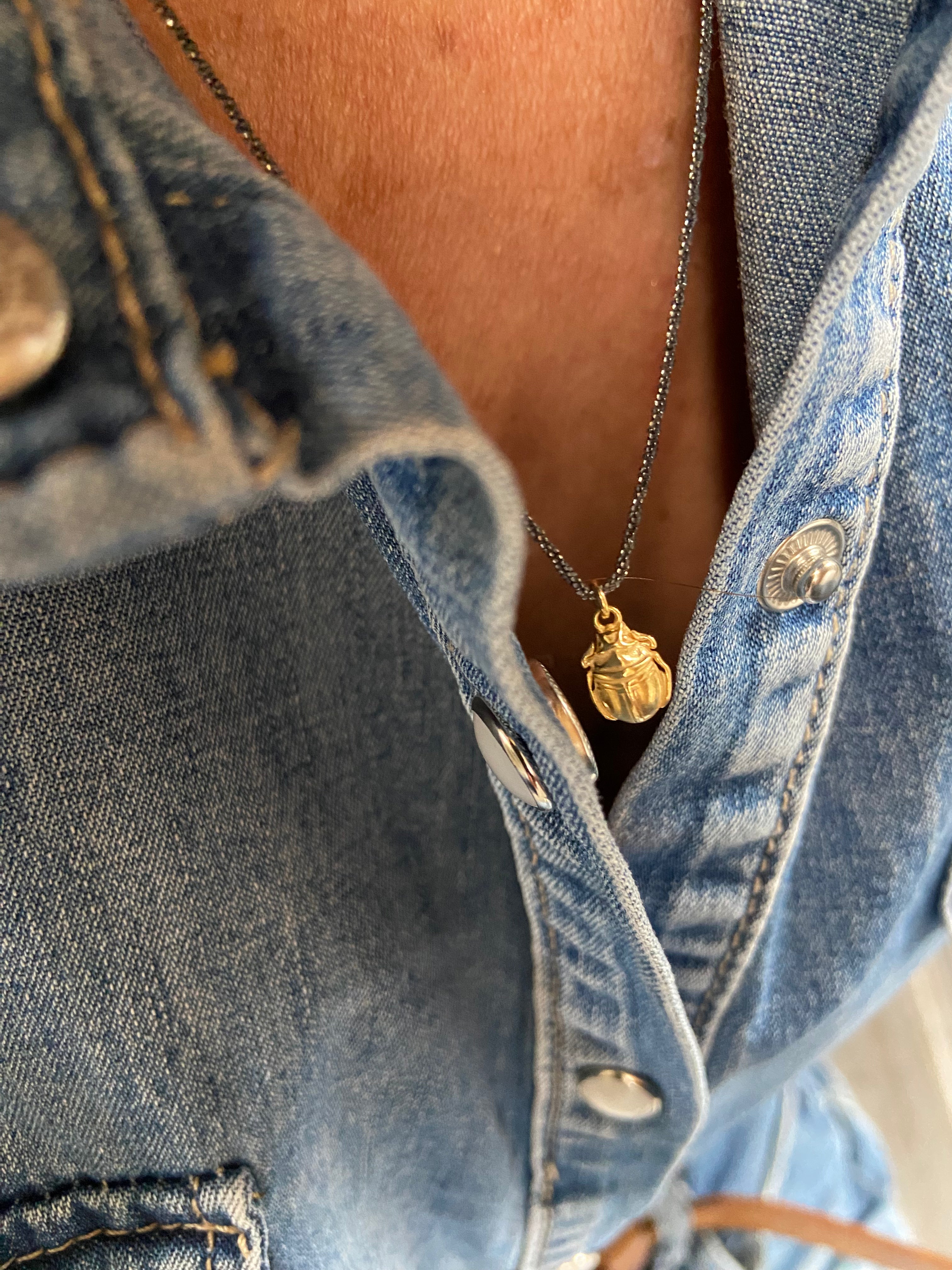 Collar de plata negra con escarabajo bañado en oro