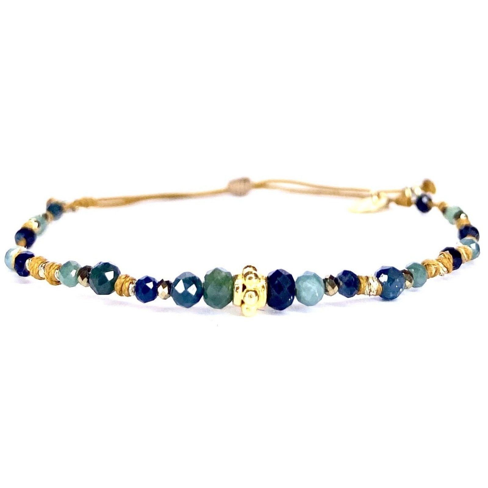 Bracelet Perle fleur plaquée or Tourmaline bleue Hématite