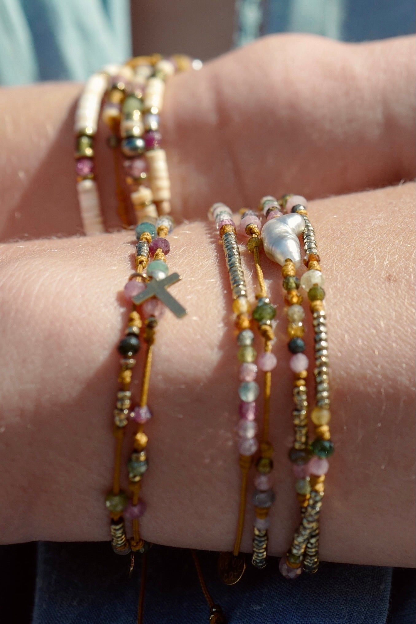 Bracelet triple tour/Collier Tourmaline Keshi Hématite
